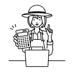 a farmer woman recommending, proposing, showing estimates and pointing a calculator with a smile in front of laptop pc