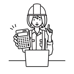 a woman working at construction sites recommending, proposing, showing estimates and pointing a calculator with a smile in front of laptop pc