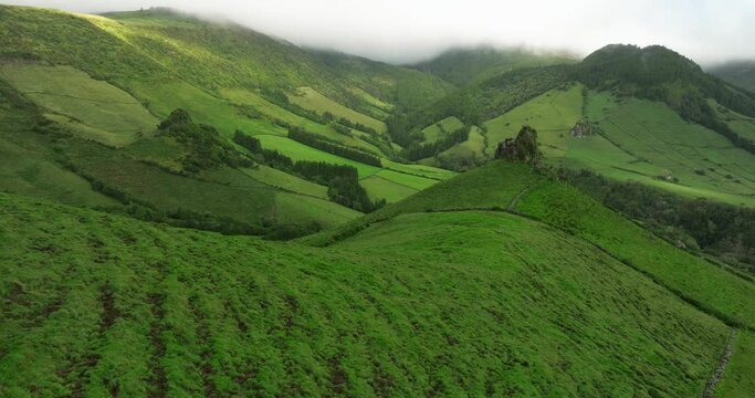 Flores island aerial view of a valley in Azores