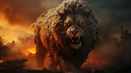 Naklejka premium Cinematic image realistic epic lion king made with generative AI
