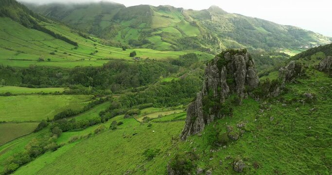 Flores island aerial view of a valley in Azores