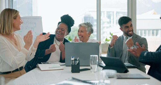 Success, clapping hands and business people in meeting with victory, online bonus and achievement. Teamwork, corporate office and happy men and women cheer and celebrate winning, good news and goals