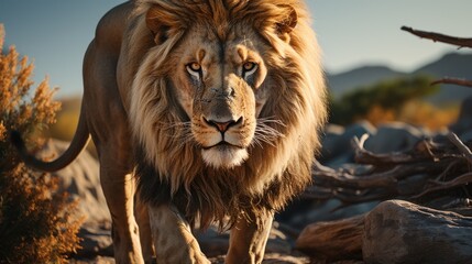 Obraz premium African male lion head portrait looking into camera