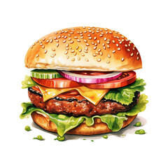 Watercolor hamburger clipart illustration. Generative AI