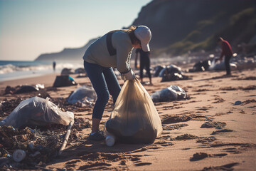Volunteer Cleaning up a Beautiful Beach - obrazy, fototapety, plakaty