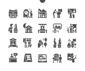 International Museum Day 18 May. Picture, tours, installation. Open doors. Free entry. Calendar. Vector Solid Icons. Simple Pictogram