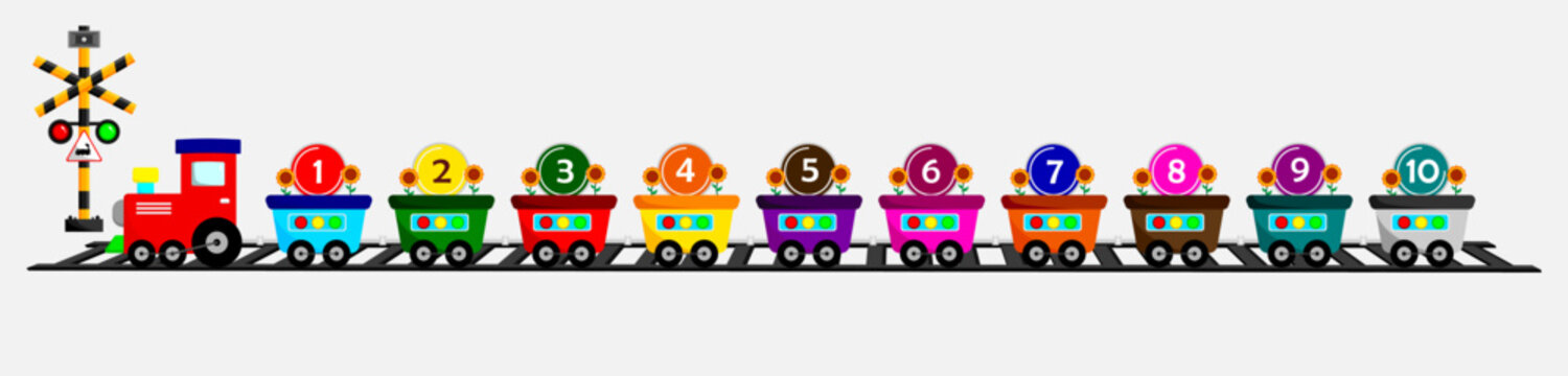 Toy trains and numbers 1 - 10 template. Vector illustration.