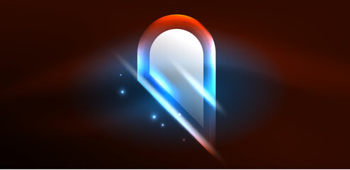 Neon glowing geometric shapes vector abstract background. Round elements, light effects and glass glossy style with color backdrop. Space cosmic or magic energy wallpaper