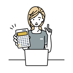 座ってデスクでノートPCを開いて電卓を持ってこちらに向けて見せているエステ店員・受付・接客係の女性