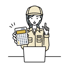 座ってデスクでノートPCを開いて電卓を持ってこちらに向けて見せている作業員の女性