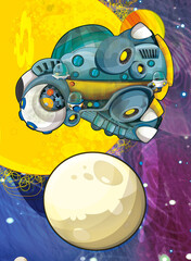 Cartoon funny colorful scene of cosmos galactic alien ufo space craft plane isolated illustration for children
