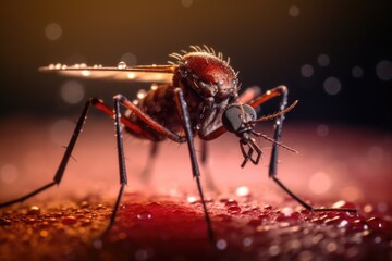 Aedes mosquito that carries dengue fever, Zika virus is sucking blood on a person's skin. Mosquitoes are carriers of dengue fever and malaria. Chikungunya, Mayaro, Yellow fever. Generative Ai
