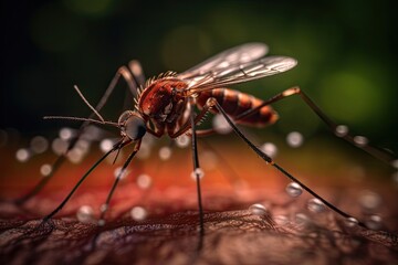Aedes mosquito that carries dengue fever, Zika virus is sucking blood on a person's skin. Mosquitoes are carriers of dengue fever and malaria. Chikungunya, Mayaro, Yellow fever. Generative Ai