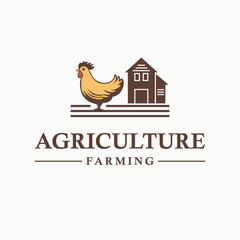 Fototapeta na wymiar Agriculture and farming vector logo design. Rooster and farm house logo template.