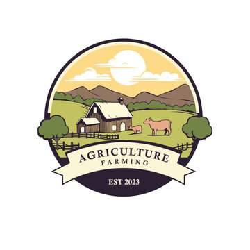 Agriculture and farming vector logo design. Cow, pig and farm house logo template.