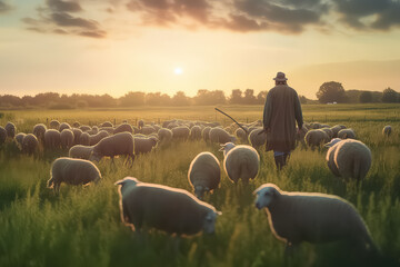 Handsome shepherd in the meadow with livestock. - obrazy, fototapety, plakaty