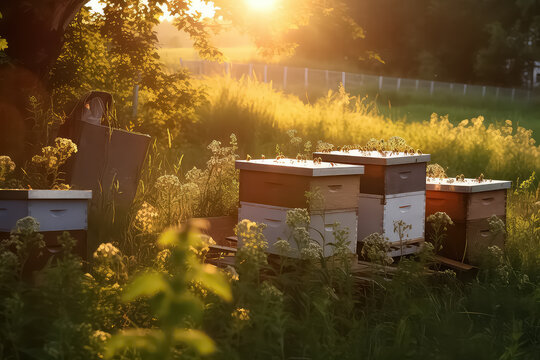 Close-up of a bee farm with bees in autumn at sunset