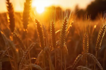 close up wheat field at sunset in sunlight