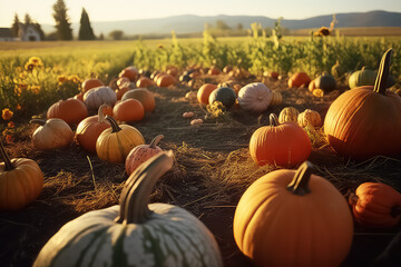 Big pile of small pumpkins on the field