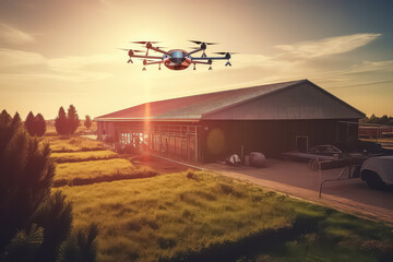 An agricultural drone is flying to spray fertilizer in the sweet corn fields.