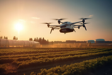 Fototapeta premium An agricultural drone is flying to spray fertilizer in the sweet corn fields.
