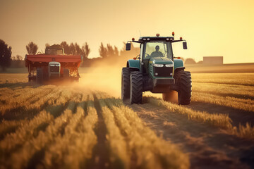 Naklejka premium Tractor works on farm wheat fields during sunset, modern agricultural transport