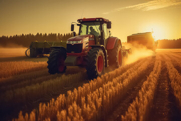 Tractor works on farm wheat fields during sunset, modern agricultural transport