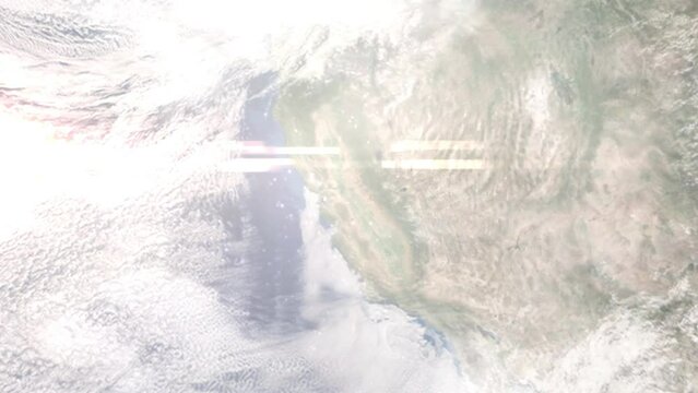 Zoom in from space and focus on Manteca, California, USA. 3D Animation. Background for travel intro. Elements of this image furnished by NASA