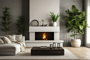 Modern Living Room with Twin Plants and Stylish Fireplace. Generative AI