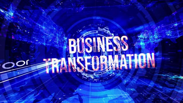 Business Transformation gold text motion flare effect futuristic hitech cinematic trailer title background on blue HUD animation abstract background  