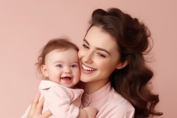Studio portrait of a young smile asian mother and happy child isolated on pastel pink wall background. Mom and baby embrace. Mother's Day. Loving parent, Generative AI