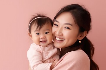 Studio portrait of a young smile asian mother and happy child isolated on pastel pink wall background. Mom and baby embrace. Mother's Day. Loving parent, Generative AI