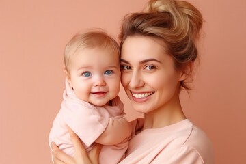 Studio portrait of a young smile asian mother and happy child isolated on pastel pink wall background. Mom and baby embrace. Mother's Day. Loving parent, Generative AI