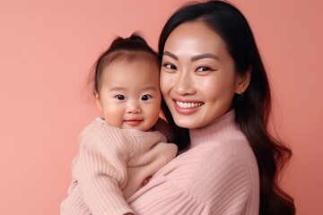 Studio portrait of a young smile asian mother and happy child isolated on pastel pink wall background. Mom and baby embrace. Mother's Day. Loving parent, Generative AI