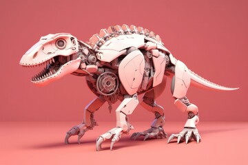 Illustration of futuristic dinosaur robot isolated on pastel color background, Generative AI