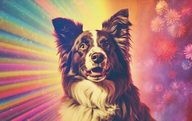 Vintage style of a border collie hippy dog that is a hippy and  very happy, Generative AI