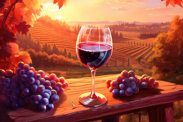 wine in a glass near a vine with red and yellow leaves in a vineyard in bright sunlight.