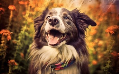 Vintage style of a border collie hippy dog that is a hippy and  very happy, Generative AI
