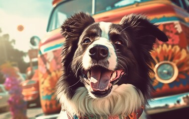 Vintage style of a border collie hippy dog that is a hippy and  very happy, Generative AI