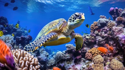 Fototapeta na wymiar turtle with Colorful tropical fish and animal sea life in the coral reef, animals of the underwater sea world