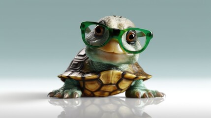 Fototapeta premium Cute little green turtle with glasses in studio, Generative AI