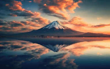 Fototapeta na wymiar Illustration of Japan lansdcape with fuji mountains, japanese drawing style, Generative AI
