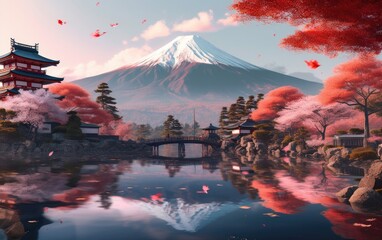 Illustration of Japan lansdcape with fuji mountains, japanese drawing style, Generative AI
