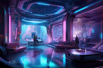 Illustration of living in the city of cyberpunk simulation and metaverse futuristic neon light glow, vr virtual reality , Generative AI