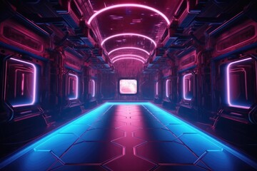 Illustration of  scifi gaming cyberpunk stage in futuristic neon glow room, Generative AI