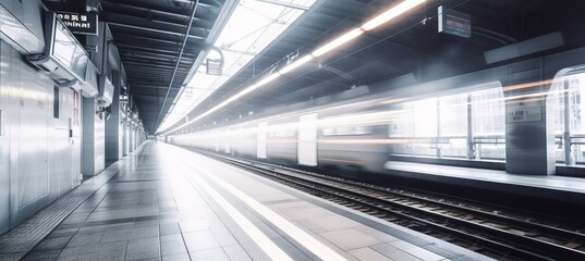 Train tunnel station with speed motion blur effect background. Generative AI technology.	