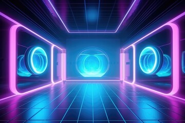 Illustration of  scifi gaming cyberpunk stage in futuristic neon glow room, Generative AI