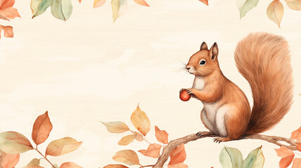Watercolor autumn background with squirrel and leaves. Hand drawn illustration.AI Generated