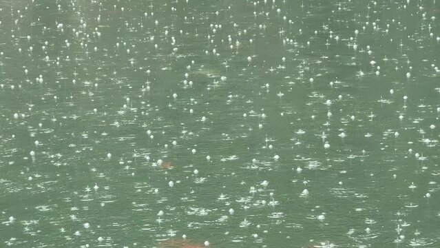 raindrops on river surface with bubbles and green water ripples texture abstract 4k footage with drops on umbrella sound