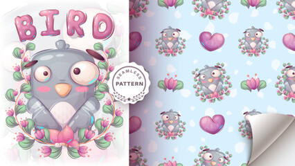 Seamless pattern cartoon character adorable dove, pretty animal idea for print t-shirt, poster and kids envelope, postcard. Cute hand drawn style.